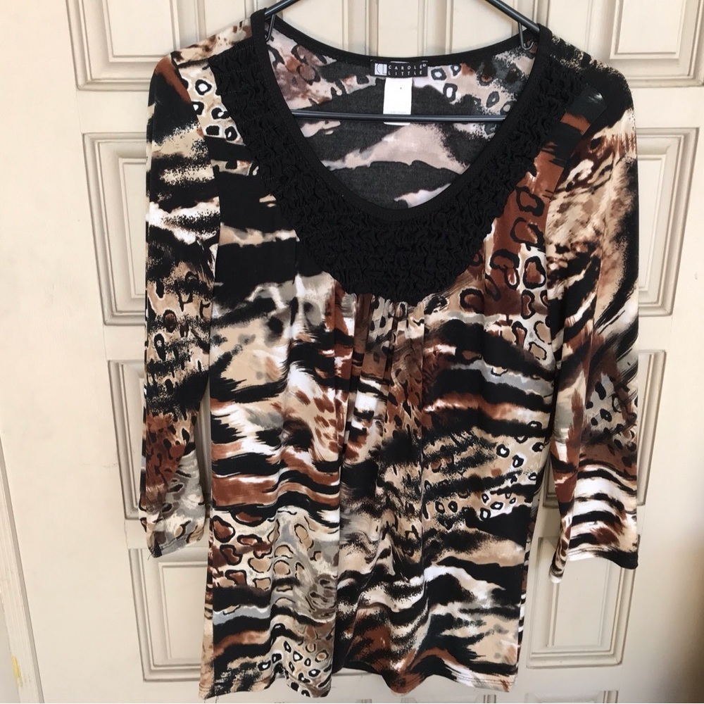 Vintage Carol Little Pullover Crochet Neck Black/Brown Animal SzXl 3/4Sleeves